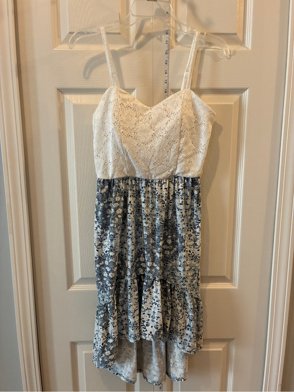 White Lace & Blue Floral Spaghetti Strap Dress